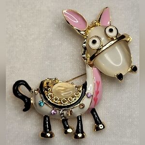 NEW Whimsical Gold and Pink Jewelled Donkey Brooch / Pin